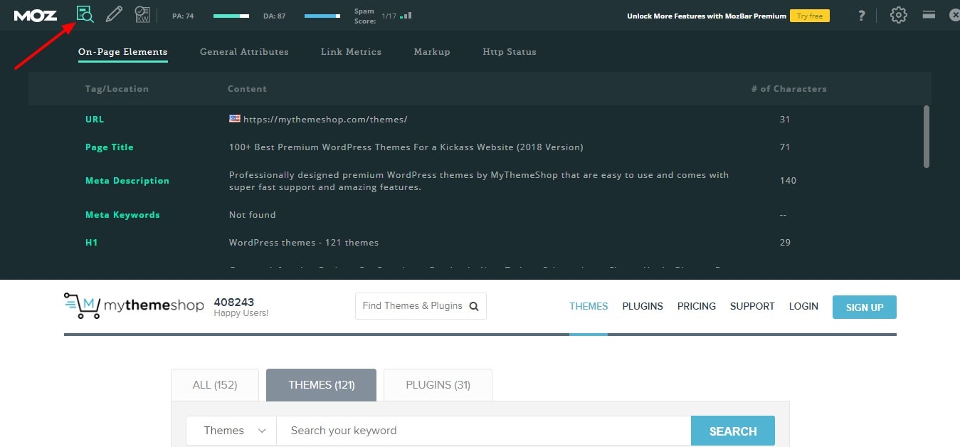 mozbar page analysis
